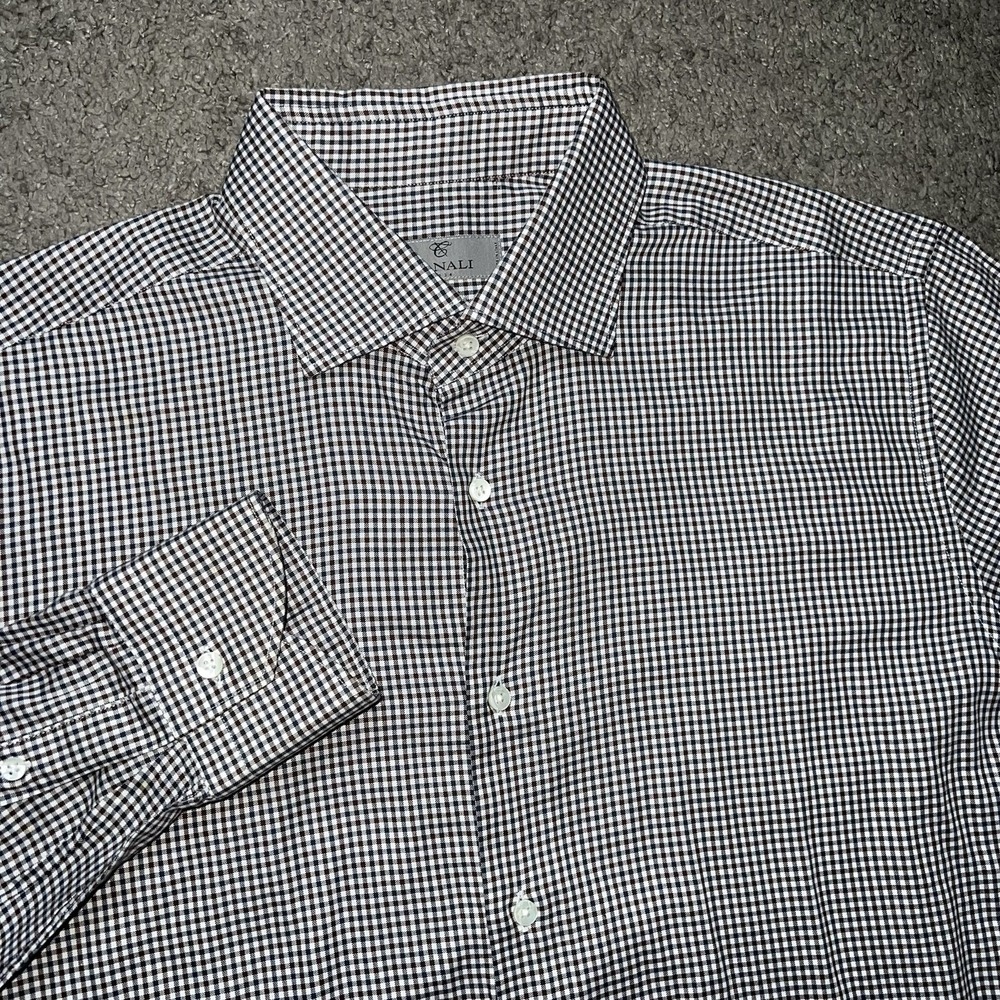 Canali Brown Check Cotton Button Up Sport Shirt Made in Italy 16 1/2